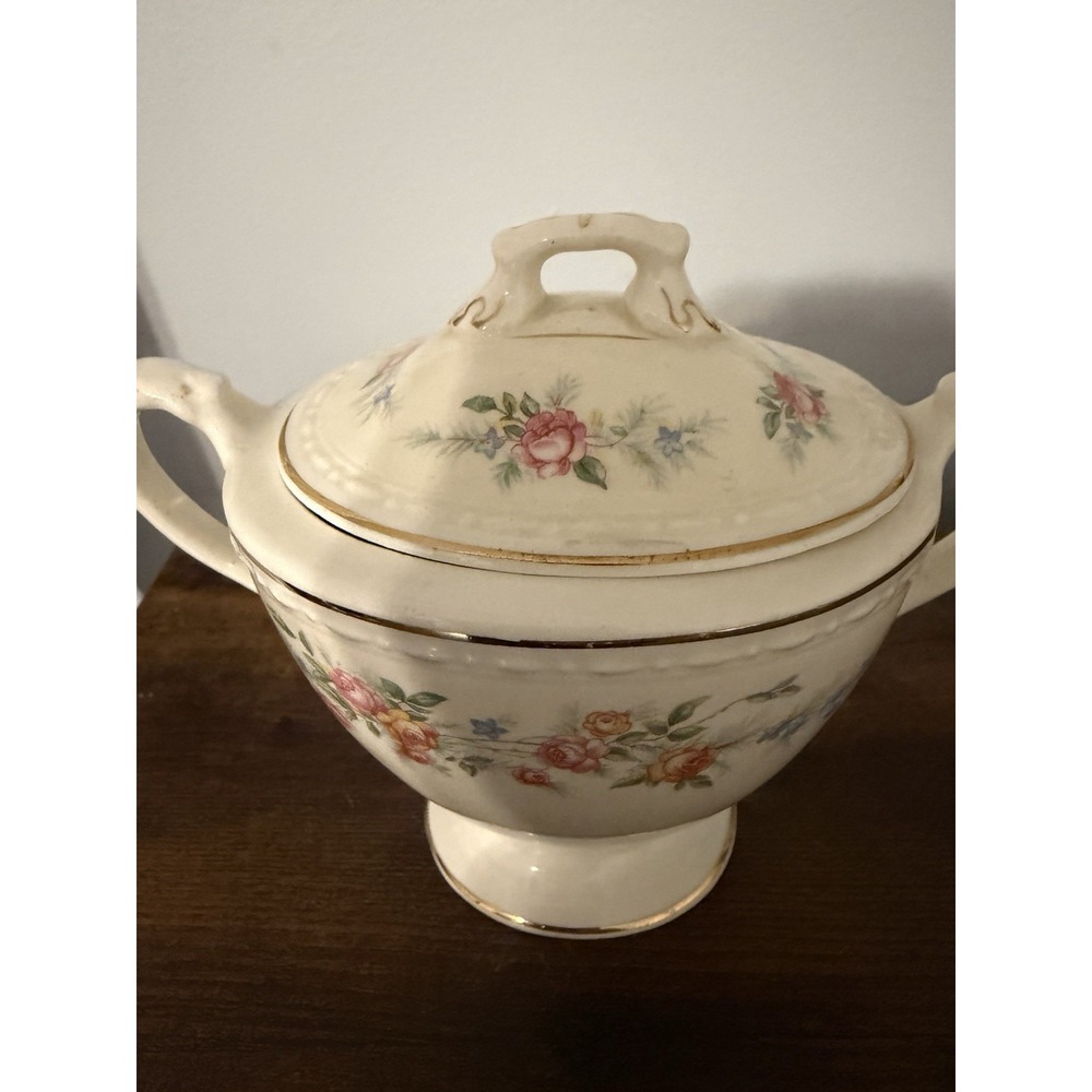 Vintage Homer Laughlin Eggshell Georgian H45N5 Covered Sugar Bowl Floral USA - Picture 2 of 10
